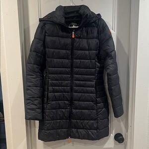 SAVE THE DUCK Black Puffer Coat with Orange Accents